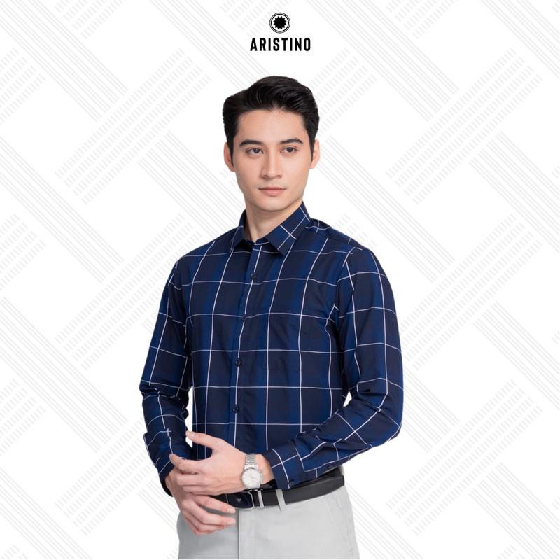 ARISTINO Áo sơ mi dài tay nam màu Xanh than kẻ trắng phom dáng Regular fit ALS15002