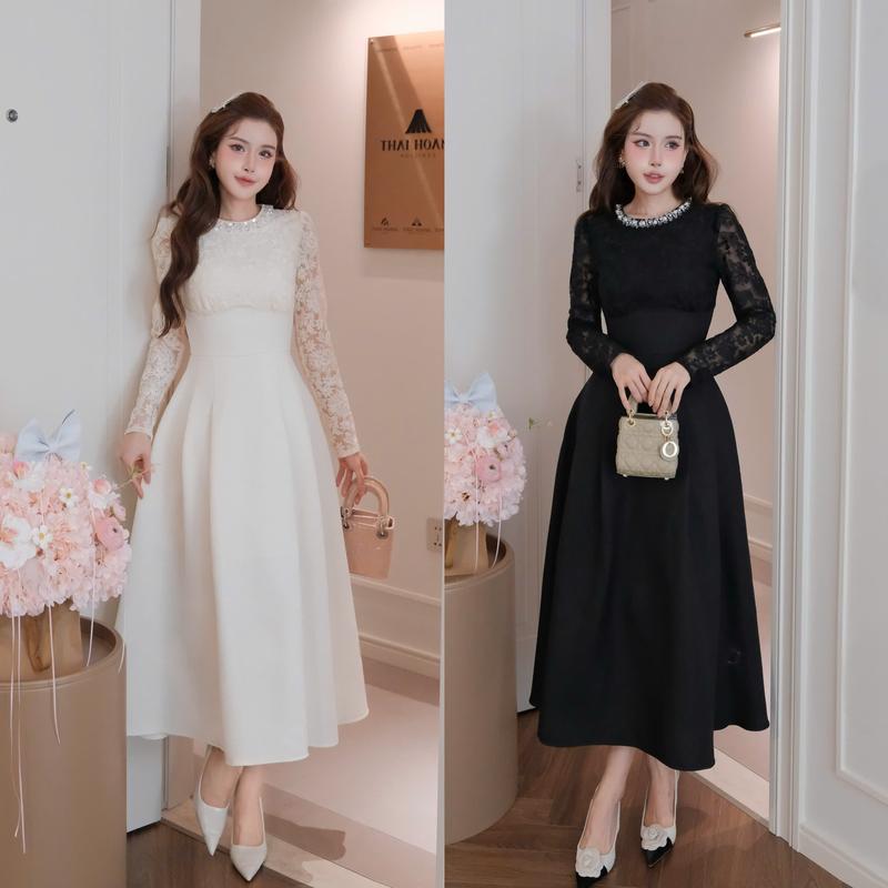   Kiều Linh -Váy Maxi Dự Tiệc Thiết Kế KL638 chất liệu Ren Thêu Hoa phối Dạ Kẻ Ô Vân Đá Viền Cổ Ngọc Trai 2 Lớp Lót Giấu Đường May 