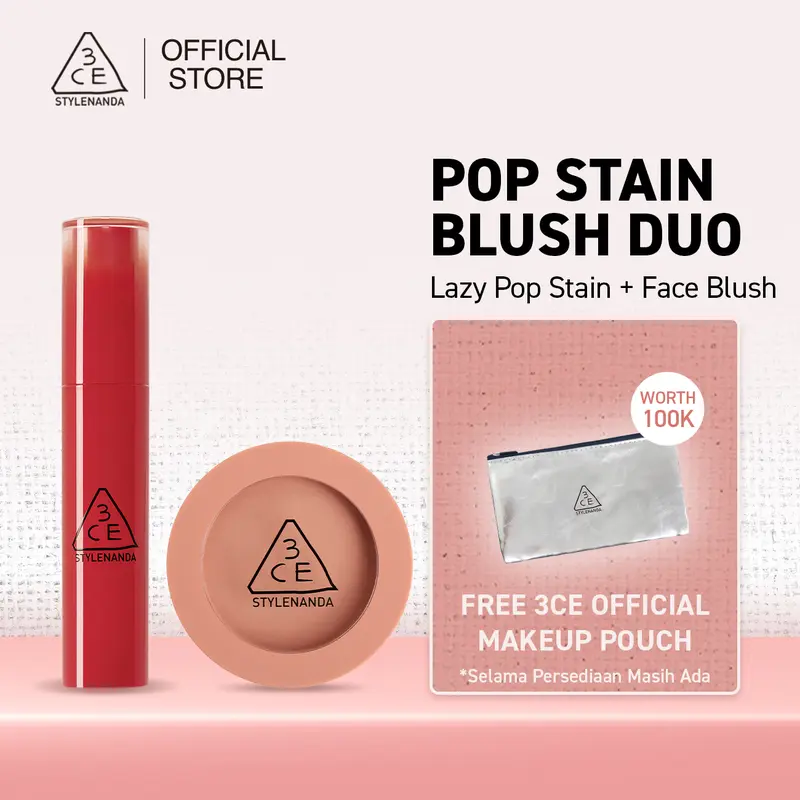 3CE Pop Stain & Face Blush  - Paket Lip Stain & Blush Warna Cerah Tahan Lama & Tekstur Lembut untuk Makeup Natural 0