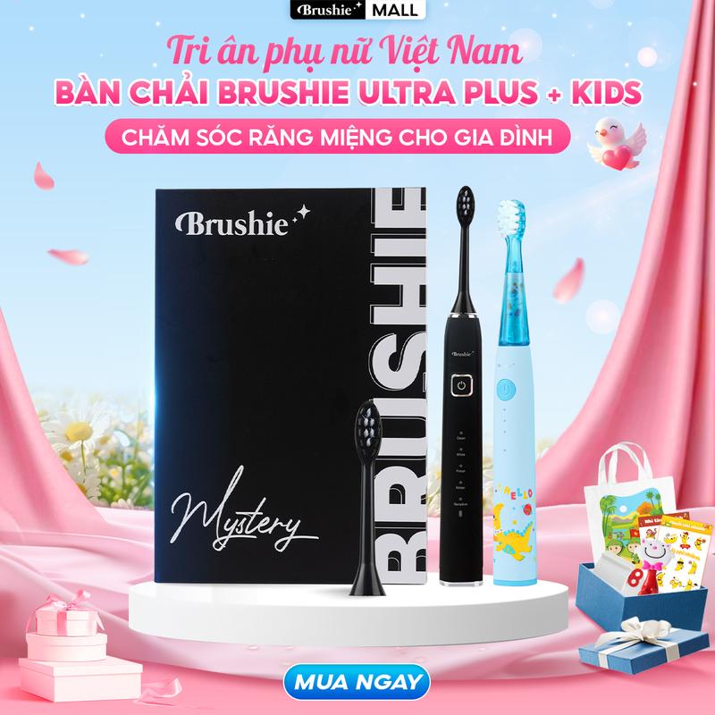 [BÃO SALE] Combo bàn chải điện Brushie Ultra Plus chính hãng tích hợp đầu rửa mặt và bàn chải điện trẻ em Brushie Kids - TẶNG 1 TÚI CANVAS + 2 TẤM STICKER + BỘ ĐỒ DÙNG HỌC TẬP