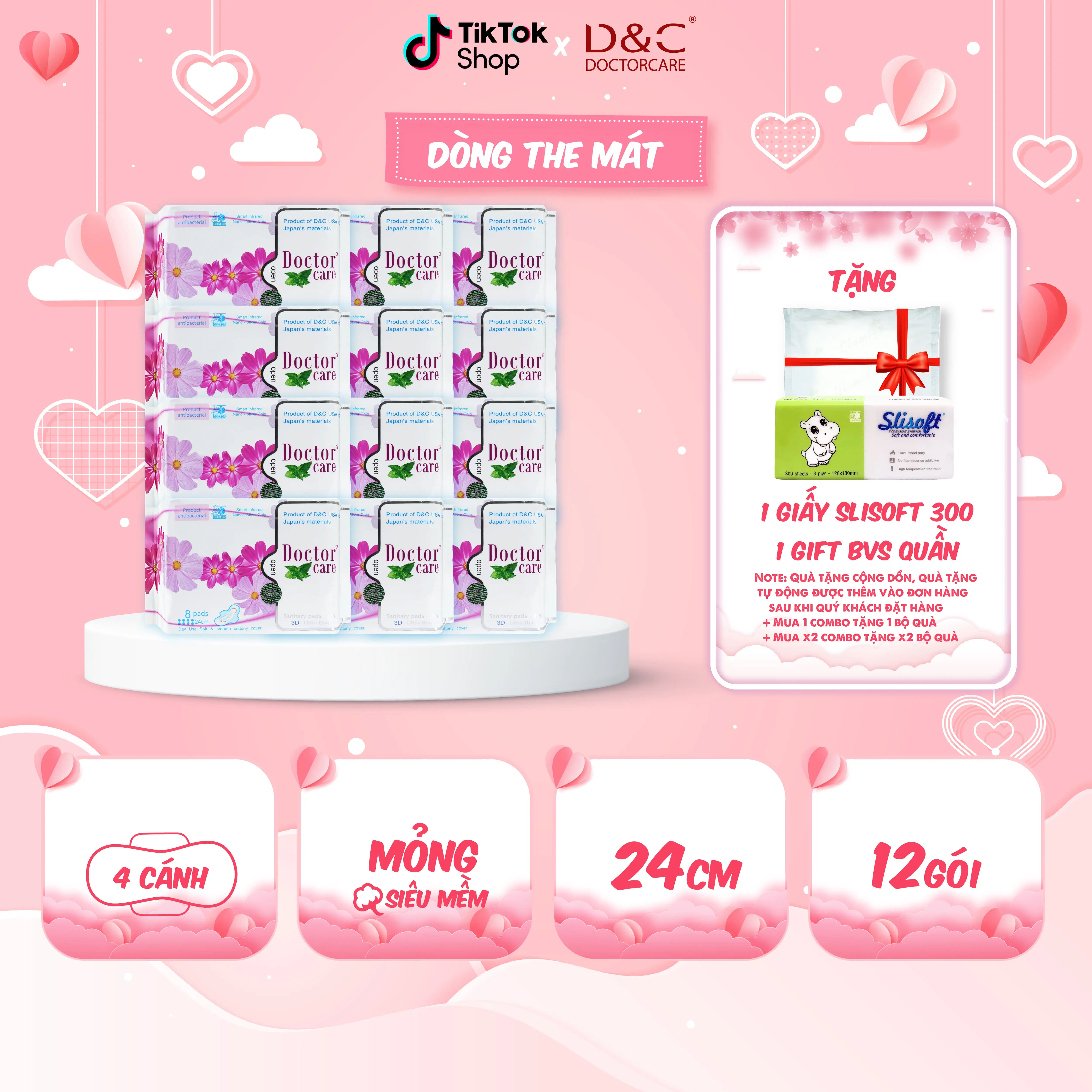 COMBO 12 gói băng vệ sinh ban ngày mát lạnh D&C Doctor Care 24cm - gói 8 miếng [Tặng 1 gói giấy 300 tờ + 1 miếng BVS Quần Glamiss]