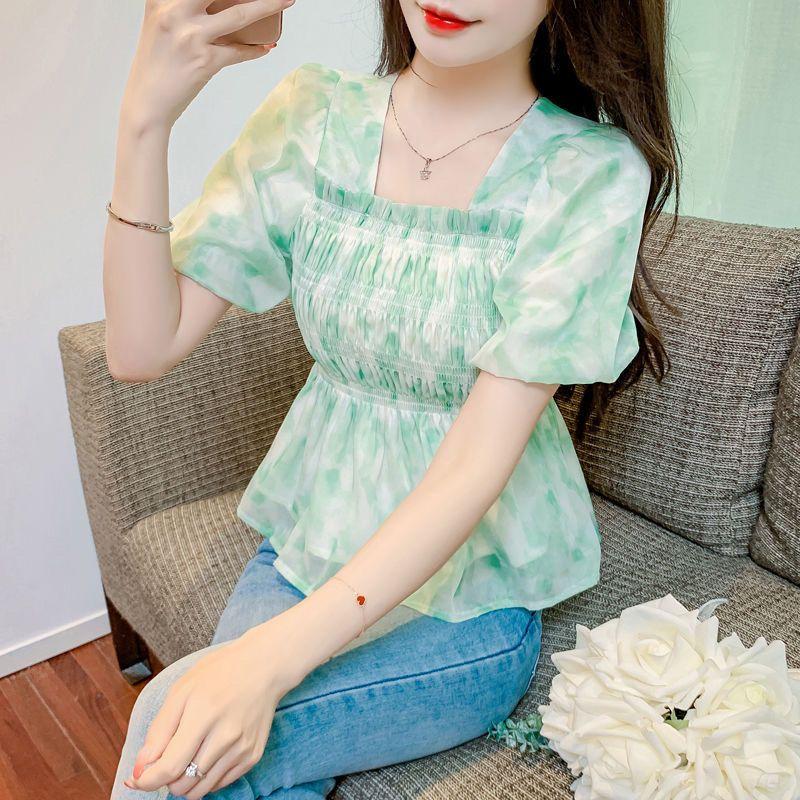 Áo Sơ Mi Hoa Cao Cấp, Tay Áo Phồng, Màu Sắc, Xếp Ly, Giảm Béo, Đa Năng, Ngọt Ngào, Voan, Mùa Hè Nữ Women Top Màu Hồng Voi Shirt 2