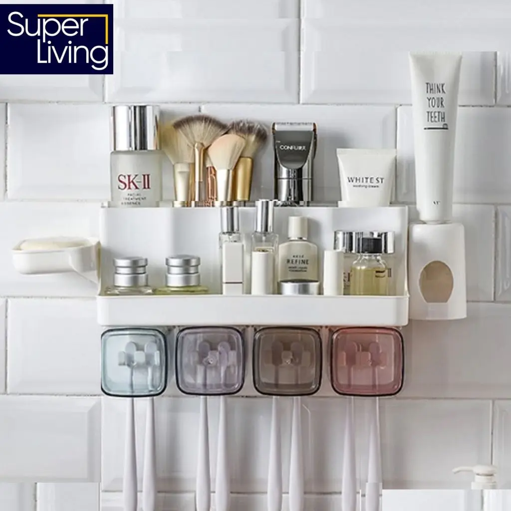 Rak Sikat Gigi Kamar Mandi Tooth Brush Hanger Organizer 4 Cup Set Plastik + Dispenser Odol + Tempat Sabun