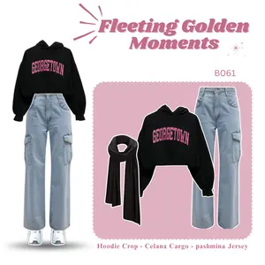 Setelan Sweater Hoodie Crop Celana Cargo Jeans Dan Hijab Pashmina Kaos Jersey Fashion Wanita Korean Style Outfit Wanita B061