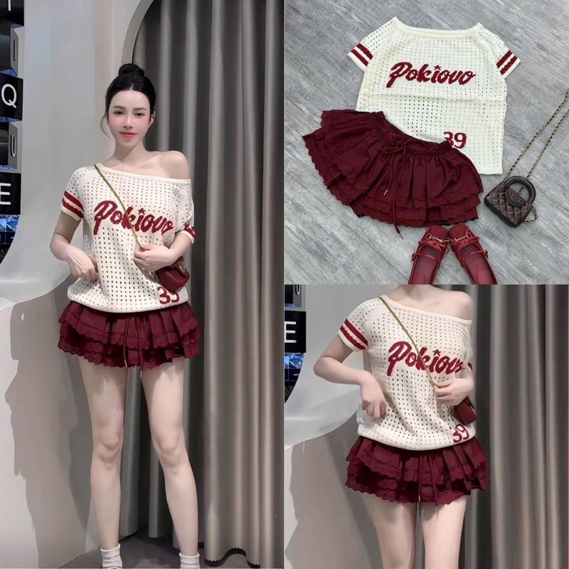 Sét Áo Len Qc Hoạ Tiết Mix Chân Váy Đỏ Phối Ren Dành Cho Nữ Dễ Mặc by T.LINH STORE 68