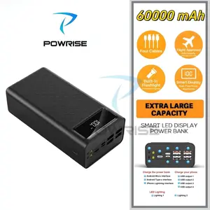 POWRISE PowerBank 4 USB 60000 mAh Fast Charging Portabel dengan 4 Port USB dan Display LED Digital Kapasitas Besar untuk Perjalanan