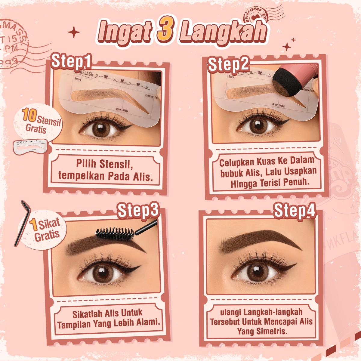 [Pinky] PINKFLASH Waterproof Eyebrow Powder Cushion Stamp with 10 Reusable Stencil Set 1-Step Shaping 4 Shades E19