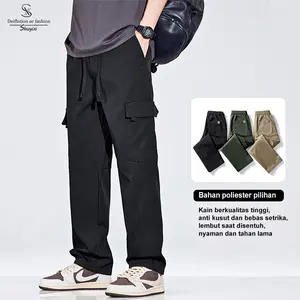 SUYX Celana Cargo Panjang Pria Oversize Sweatpants Korean Style Fashion Celana Cargo Outdoor Celana Cargo Cowok Keren 2025 Hitam Bahan Polyester 5 Kantong Desain Keren Ideal untuk Pria Modern
