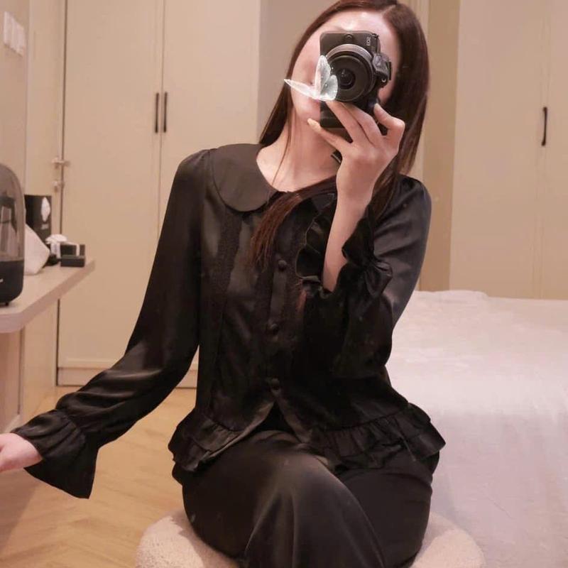 N410- Pijama dài tay lụa tiểu thư bánh bèo phối ren xinh cho nữ- Bộ ngủ mặc nhà hàng quảng châu cao cấp