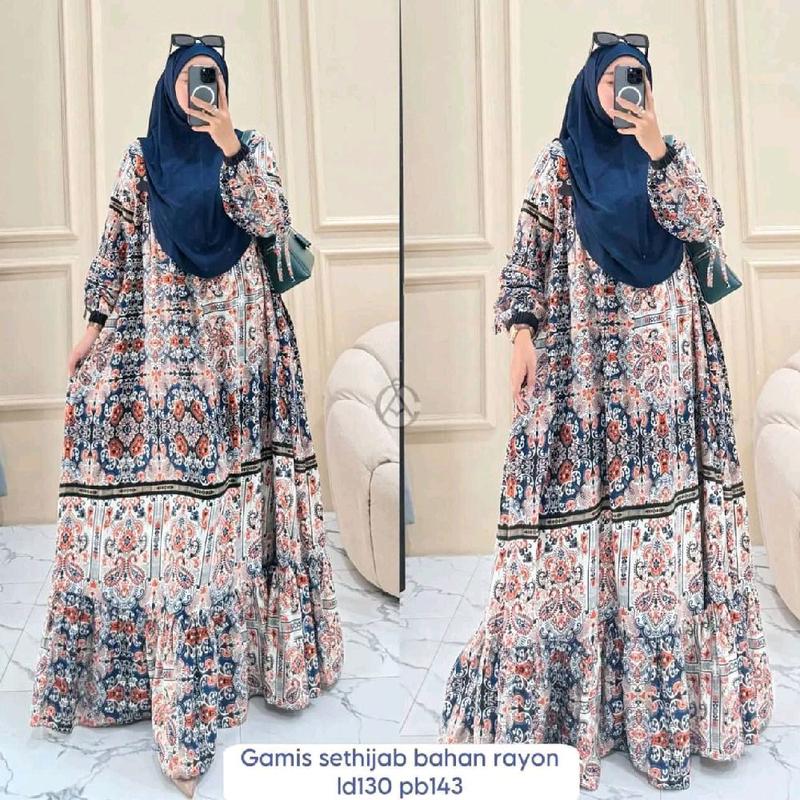 Gamis Rayon Set Hijab jumbo busui Gamis Busui Friendly Rayon Diamond Kekinian Free Hijab  Gamis Motif Long Dress Set Hijab 1