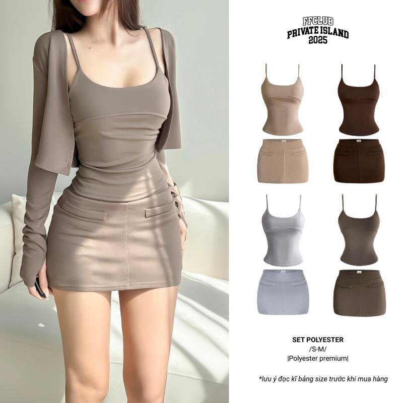   CÓ TÁCH SET  ÁO CARDIGAN THUN POLY + TANKTOP 2 DÂY THUN POLY CHIẾT EO & CHÂN VÁY POLY 2 LỚP - FRIENDS FOREVER CHÍNH HÃNG 