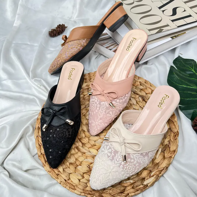Fladeo Sendal Bustong Brukat Wanita Hak 3cm Elegan Hitam Krem Moka Salem Size 37-41 0