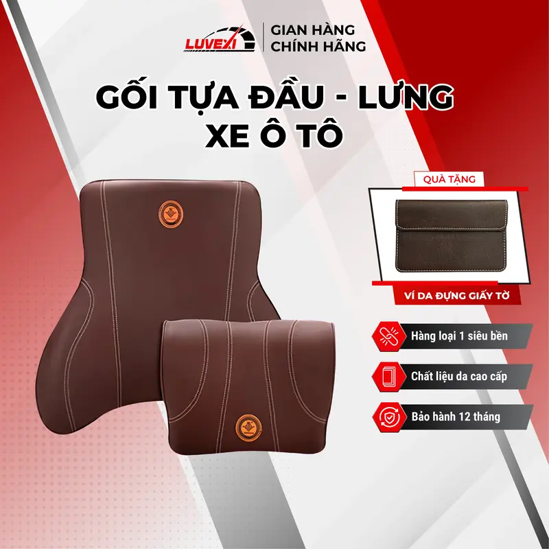 Bộ gối tựa đầu ô tô Luvexi bọc da cao cấp, Gối tựa lưng ô tô cao su non chống đau mỏi