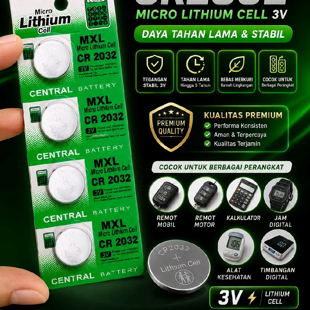 Baterai CR2032 3V Lithium MXL Central Battery Untuk Remot Mobil Motor Jam Kalkulator
