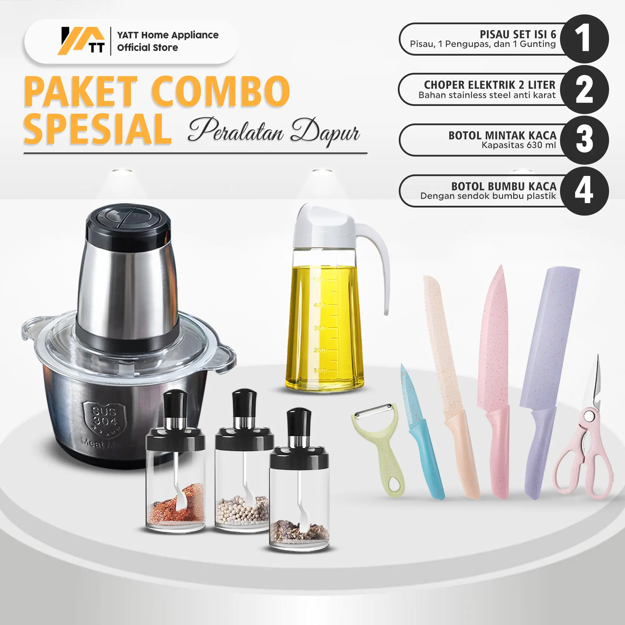 YATT Combo Hemat Idul Adha Chopper Stainless 2Liter + Botol Bumbu 3pcs + Pisau Set 6in1 + Botol Minyak 630ml Mesin Penggiling