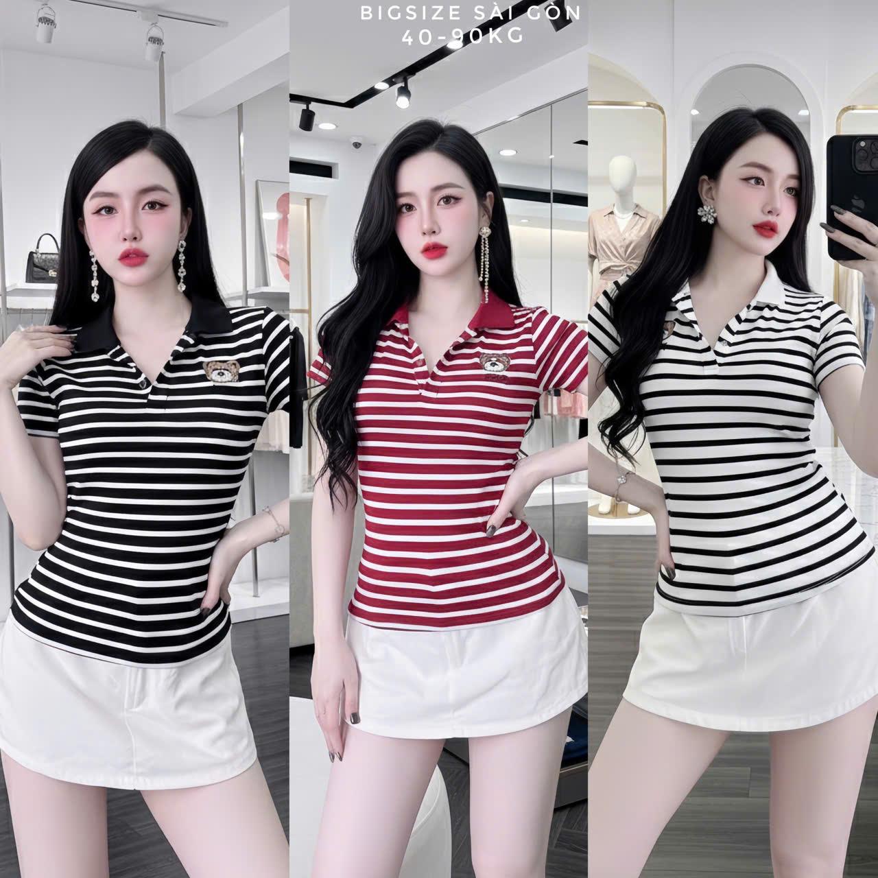 Bigsize Sài Gòn Áo Thun Nữ Cổ Polo Vải Borit Sọc Thêu Gấu Cao Cấp Thanh Lịch Bigsize 45–90kg Dễ Thương Nữ Women Top Nhung - B.1692