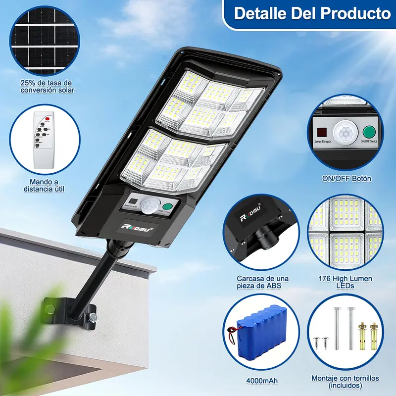 1/2Pcs Lámpara Solar Led Exterior Jardin 176/180/360 LEDs 3 Modos Sensor de Movimiento IP65 Resistente al Agua para Hogar Ciudad y Patio al Aire Libre - Foto 3