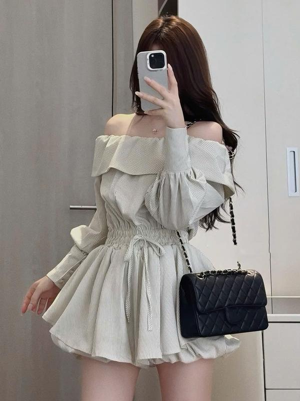 Set váy trễ vai nữ dáng xòe bèo dài tay kèm chân váy chun tiểu thư sang chảnh Women Top