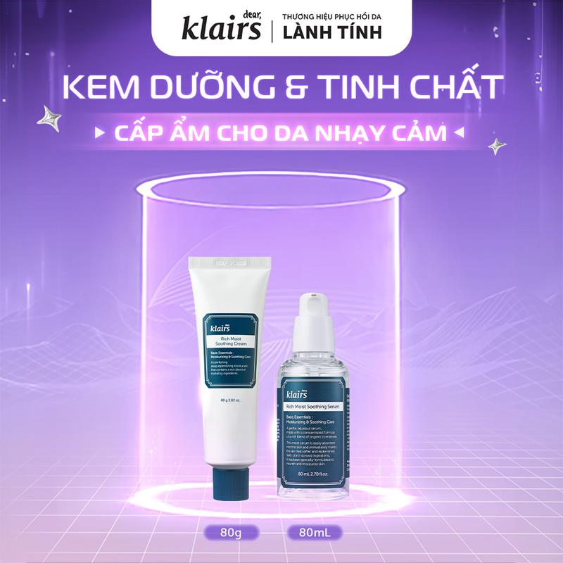 Combo Tinh chất Dear Klairs Rich Moist Soothing Serum hỗ trợ dưỡng ẩm 80ml + Kem dưỡng Dear Klairs Rich Moist Soothing Cream 80ml