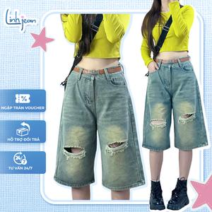[SALE LƯƠNG VỀ] – [JL25] - Quần Ngố Lửng Jeans Nữ Dài 63cm Rách 2 Bên – LINH JEAN STORE – Xanh Wash Phối Màu, Bụi Phố, Hot Trend.