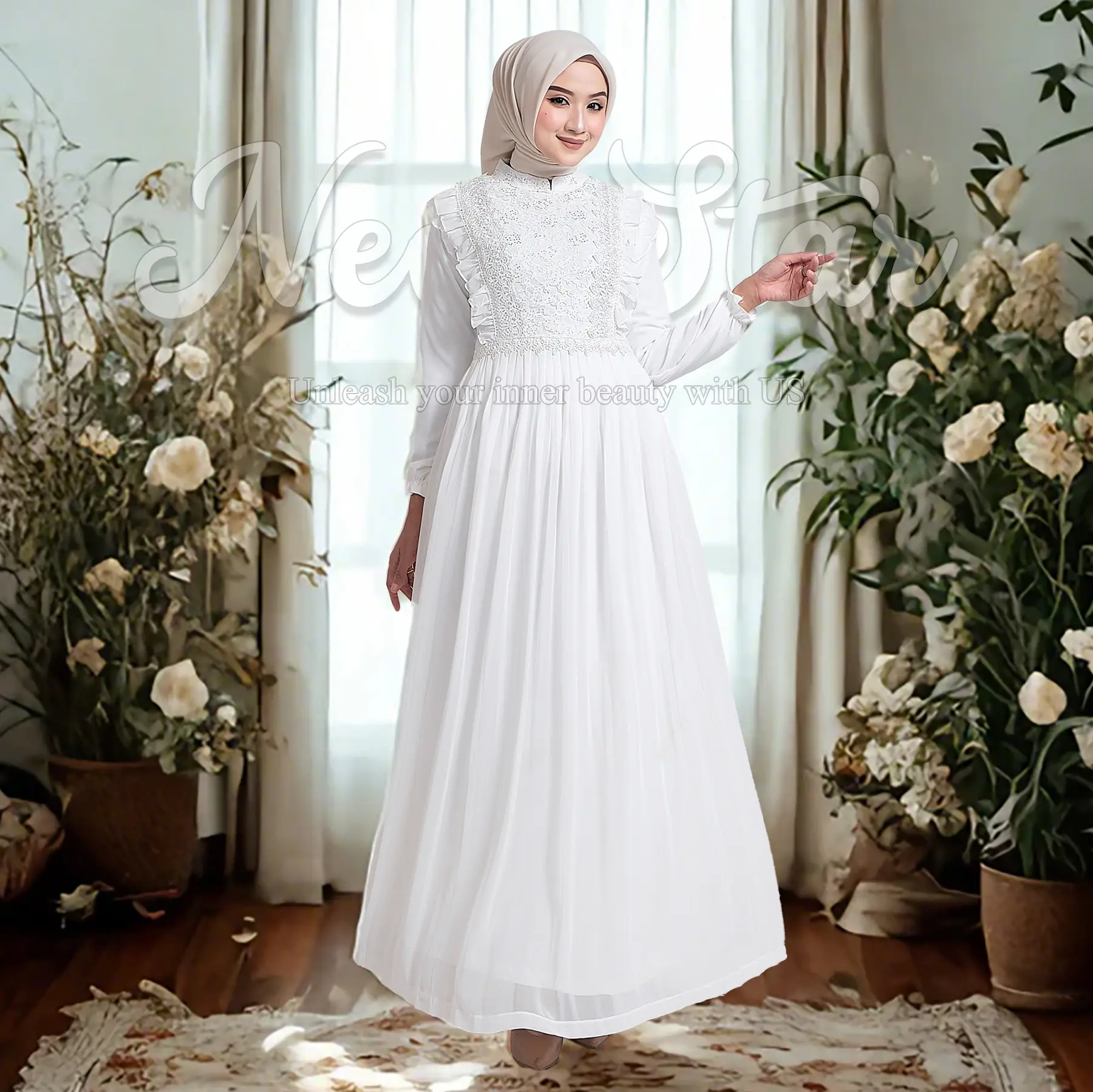 NewStar - Baju Gamis Putih Wanita Kekinian Dress Lebaran 2025 Abaya Warna Putih Terbaru Mewah B43