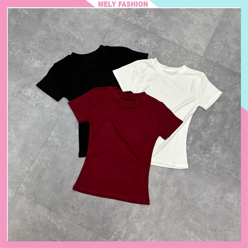 Áo thun trơn tay ngắn ôm body Mely Fashion cổ tròn basic nữ chất cotton bozip mềm mịn, dễ phối màu đen đỏ nâu trắng AL51