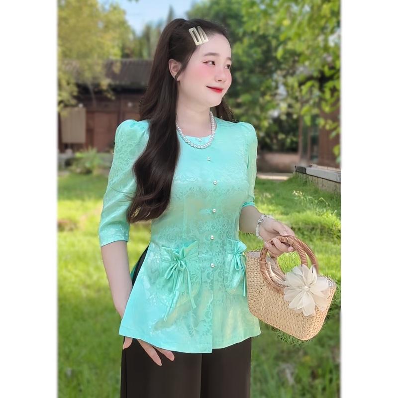 [B14] Bộ Quần Áo Bà Ba Nữ Lụa Gấm Cổ Tròn Vai Phồng Hoa Văn Mẫy Đơn Tay Lỡ Có 2 Túi, Quần Lụa Latin