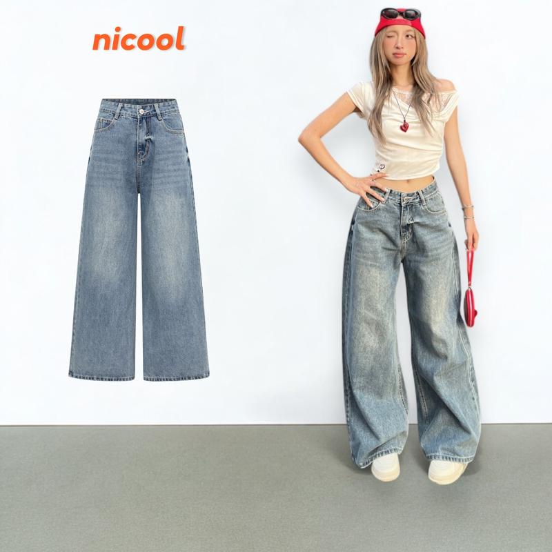 Quần Jean Nữ Ống Suông Rộng NICOOL Lưng Cao Quần Bò Dài Nhấn Wash Form Rộng Che Khuyết Điểm N41-Q65
