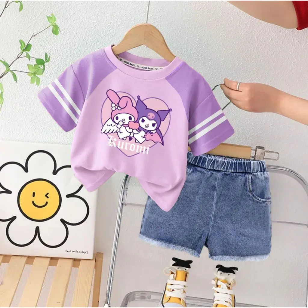 Setelan Baju Anak Perempuan Kuromi Karakter Lucu Kaos Lengan Pendek dan Celana Pendek Jeans untuk Anak Perempuan Usia 1-5 Tahun