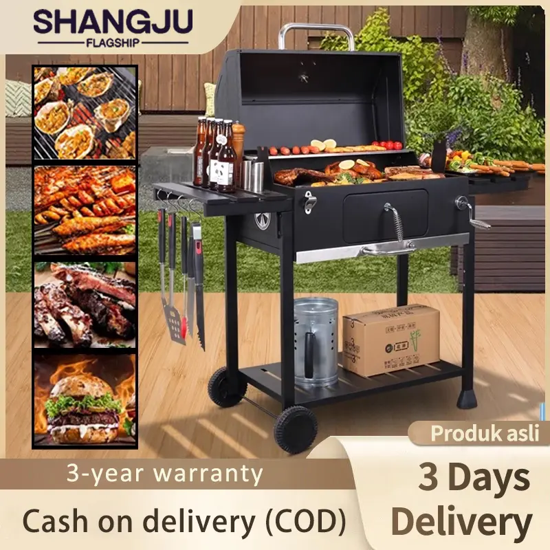 Barbecue grill portable outdoor BBQ double-sided table stainless steel grill, multifunctional wheeled grill, roasted chicken grill