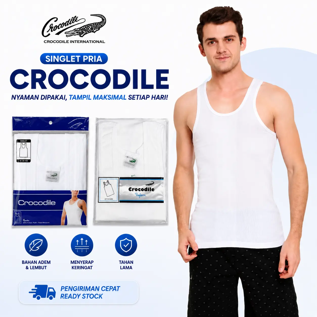 [ 3 PCS ] Singlet Pria Jumbo Crocodile 511/801 XXXL – Kaos Dalam Katun Putih Laki-Laki Dewasa Bahan Combined Cotton R-Neckline Nyaman Dipakai Lekbong daleman buat cowok