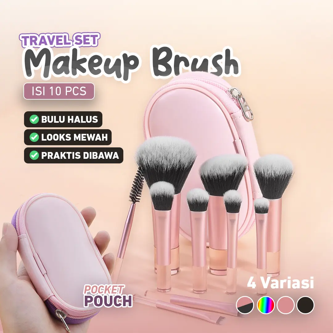 Travel Set Makeup Brush 10pcs Dengan Pouch Cantik Kuas Alat Make Up Kosmetik Portable