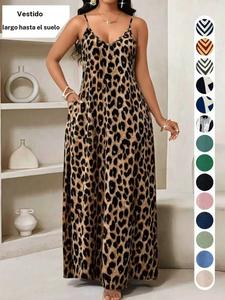 Vestido halter de verano con estampado de leopardo, vestido maxi largo en línea A, vestido casual con cuello en V y bolsillos, vestido para la playa de ajuste holgado, Ffsp063
