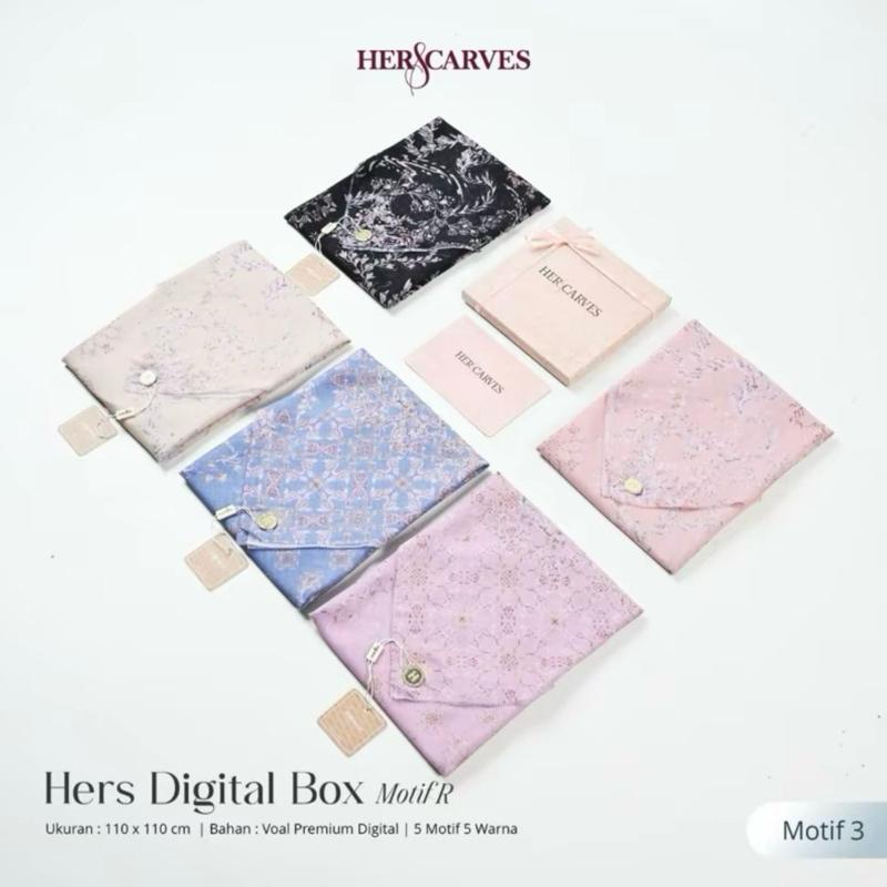 Hijab Herscarves BOX (isi 2 )PCS Segiempat Motif  Jilbab Digital Lembut Voal 6