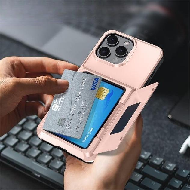 Case Card with Stand Holder iPhone 11 12 13 14 15 16 17 Pro Max Air Multi Slot Casing Acrylic Full Black