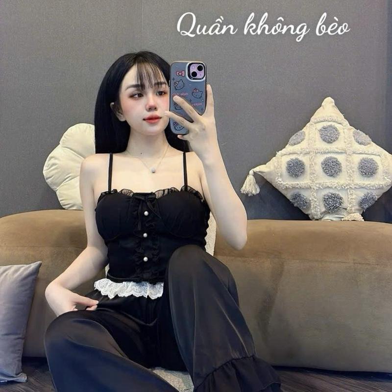Bộ đôi quần ống rộng và áo mút phối voan tơ và ren siêu sang dành cho phụ nữ (freesize 40-60kg) Nữ Women Top Ong Voi Nhung 【 nmh   khăn choàng đơn màu hồng cỡ lớn cộng set botieuthu váy
