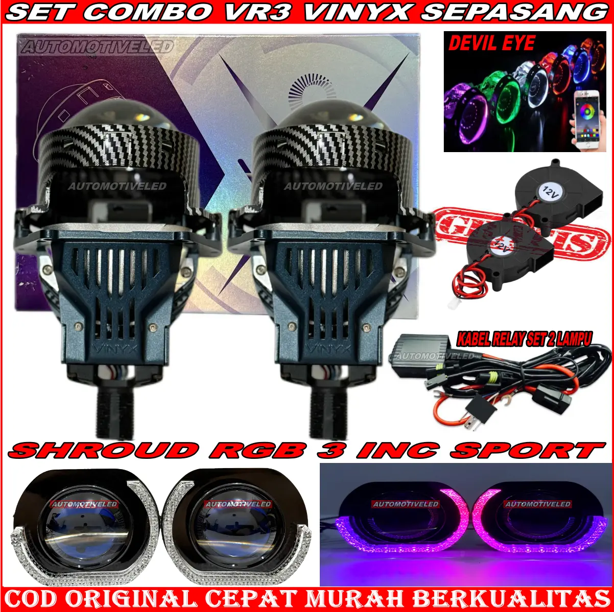 ORIGINAL BILED VINYX VR3 DUAL PRIMS 3 INCHI PURPLE LENS BILED PROJECTOR 3 INCH BODY CARBON 80 WATT