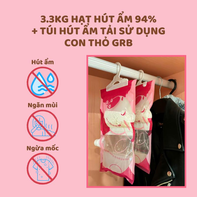 3.3kg hạt + túi hút ẩm tái sử dụng Con Thỏ GRB Khử mùi hôi, lọc bụi trong không khí dùng trong tủ quần áo, tủ giày, tủ thiết bị điện tử, nơi không gian hẹp, không có điện