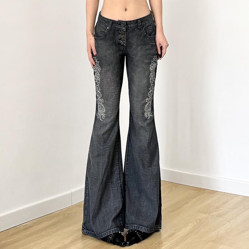 Quần Denim Ống Loe, In Hoa, Phong Cách Cổ Điển Cạp Thấp, Quần Jean Cắt Khởi Động, Thời Trang Đường Phố Hotsexy, Thời Trang Sang Trọng