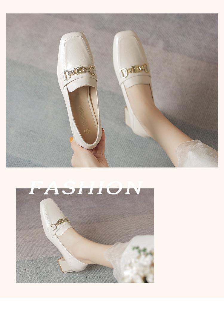 Product Introduction of Lefu shoes, white leather shoes, fashionable design, new high heels, square toe, thick heel shoes 2