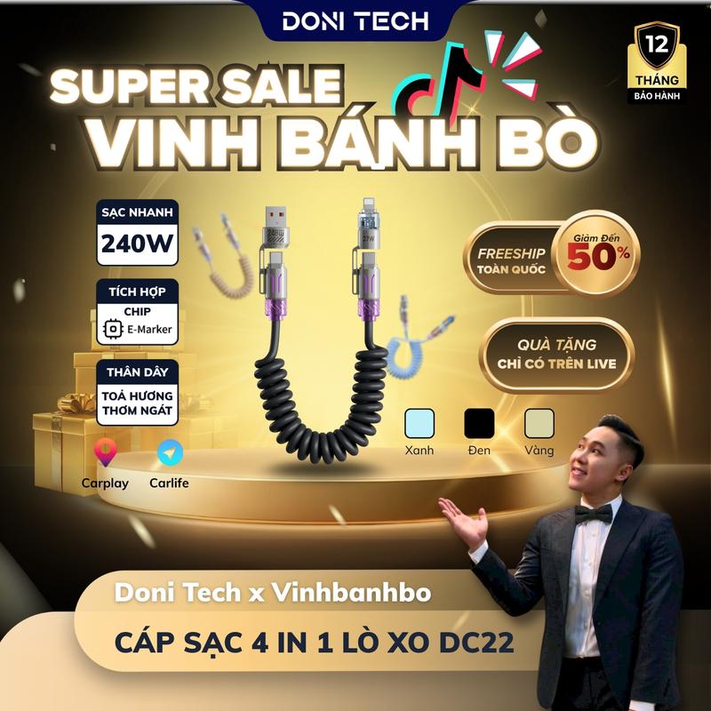 DoniTech X Vinh Bánh Bò Cáp Sạc Nhanh DC22 Lò Xo 4 in 1 240W Dây Silicon Tỏa Hương Nước Hoa Dài 2M Hỗ Trợ Carplay cho Phone Promax MBook Samsung Android Xiaomi Doni Tech