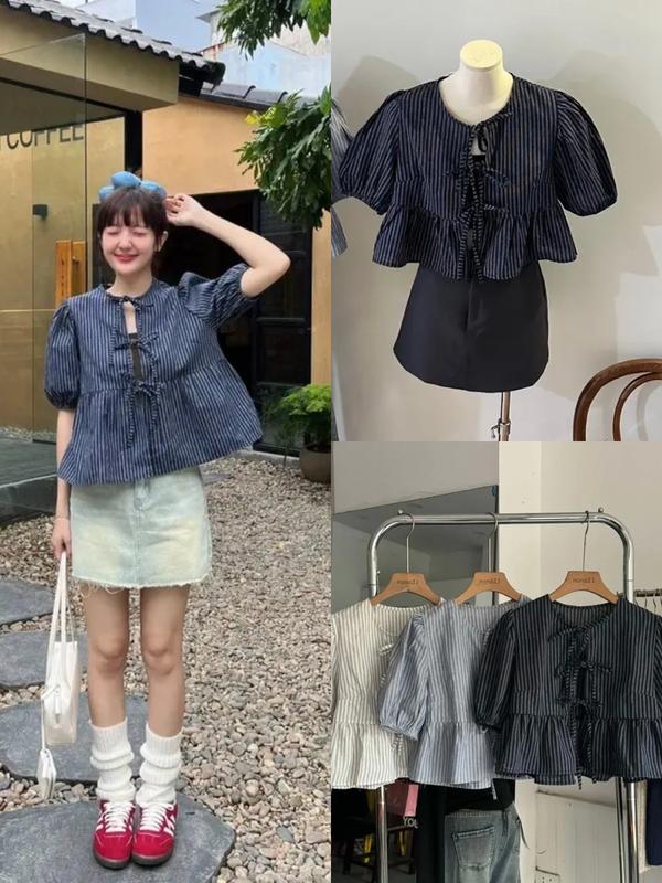 BARE_(Tặng kèm áo 2 dây) Áo Babydoll Kẻ Buộc Nơ Tay Phồng, Áo Kiểu Nữ Tay Bồng Kèm Áo 2 Dây_A523