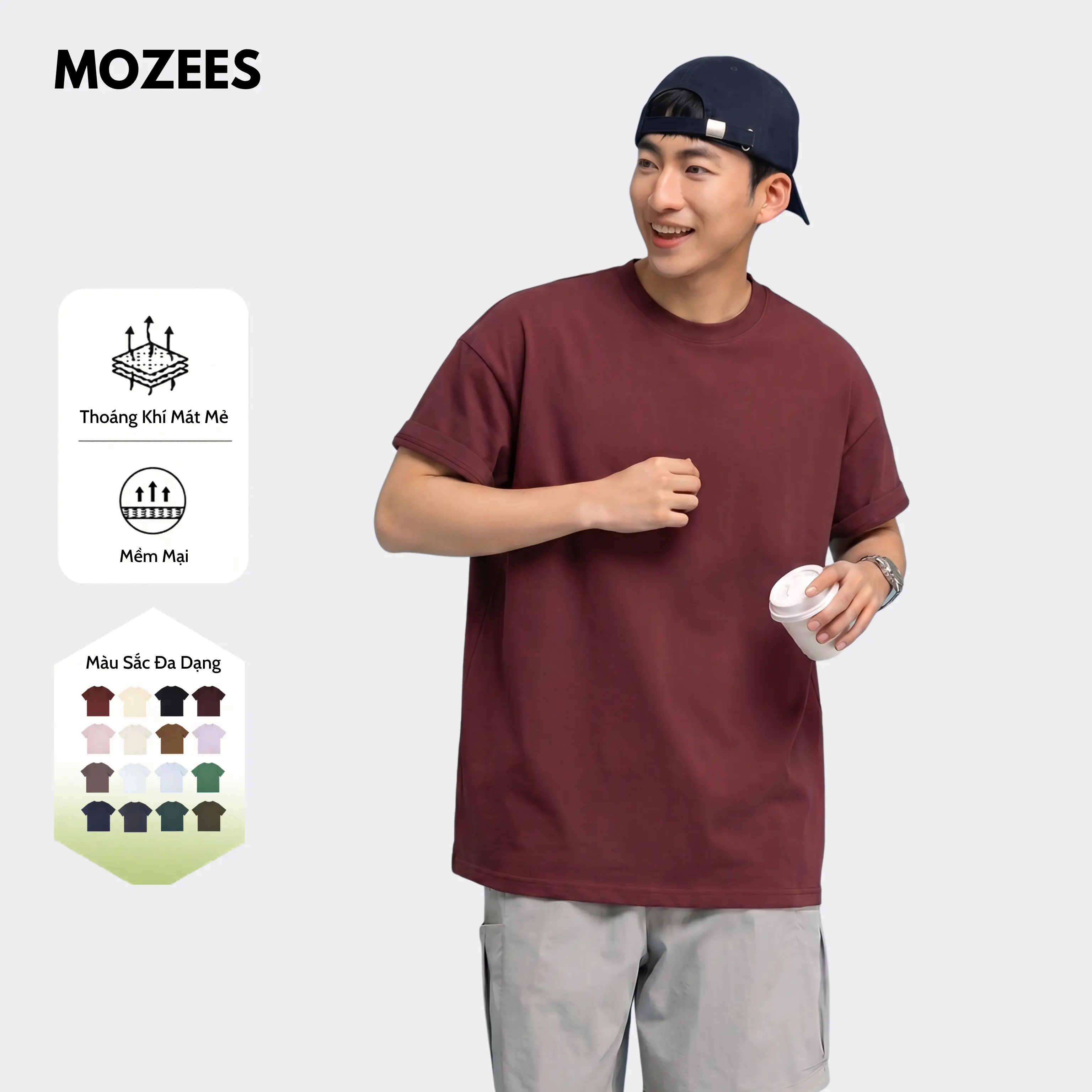 Mozees Áo Thun Cổ Tròn Nam Form Regular 100% Cotton , Định Lượng 230gsm, Chất Mềm Mịn, Thoáng Mát