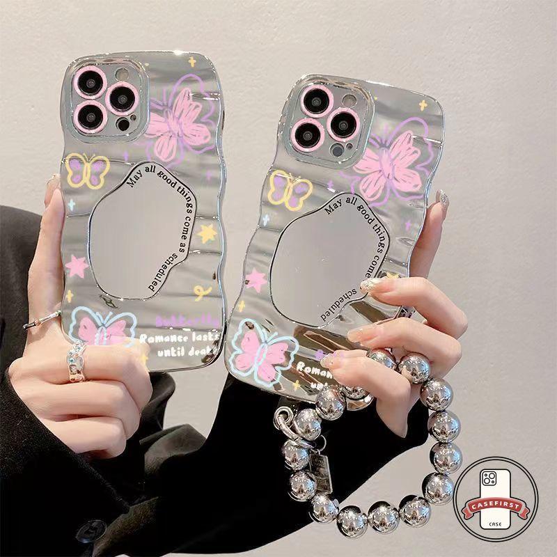 Casing Cermin Rias Mewah Kupu-kupu Merah Muda Fantasi Untuk Redmi 9A 10A 10C 9T 9C Nfc Redmi Note 11 9 10S 12 11S 8 10 Pro 11Pro 12Pro Plus POCO X3 NFC M3 Pro X5 Casing Tepi Bergelombang Huruf Modis 4