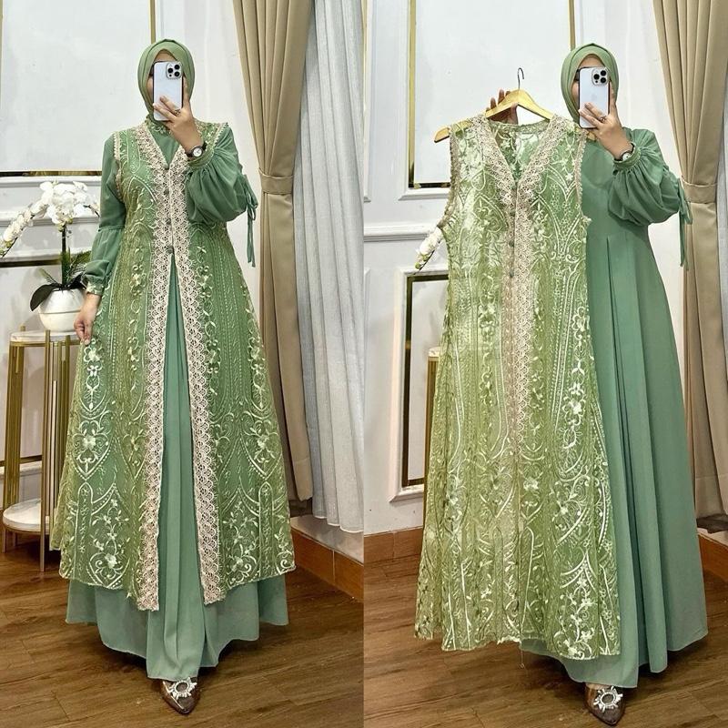 Bisa Cod Gamis Pesta Wanita Jumbo Ukuran M L XL XXL 3XL 4XL Ld 100-140cm // Qinara Dress Set Iner Plus Outer Lepas Pasang // Dress Iner Ceruty Outer Brukat Renda // Gamis Wanita Jumbo // Dress Kondangan Setelan Gamis Iner Outer  Panjang Gaun 6