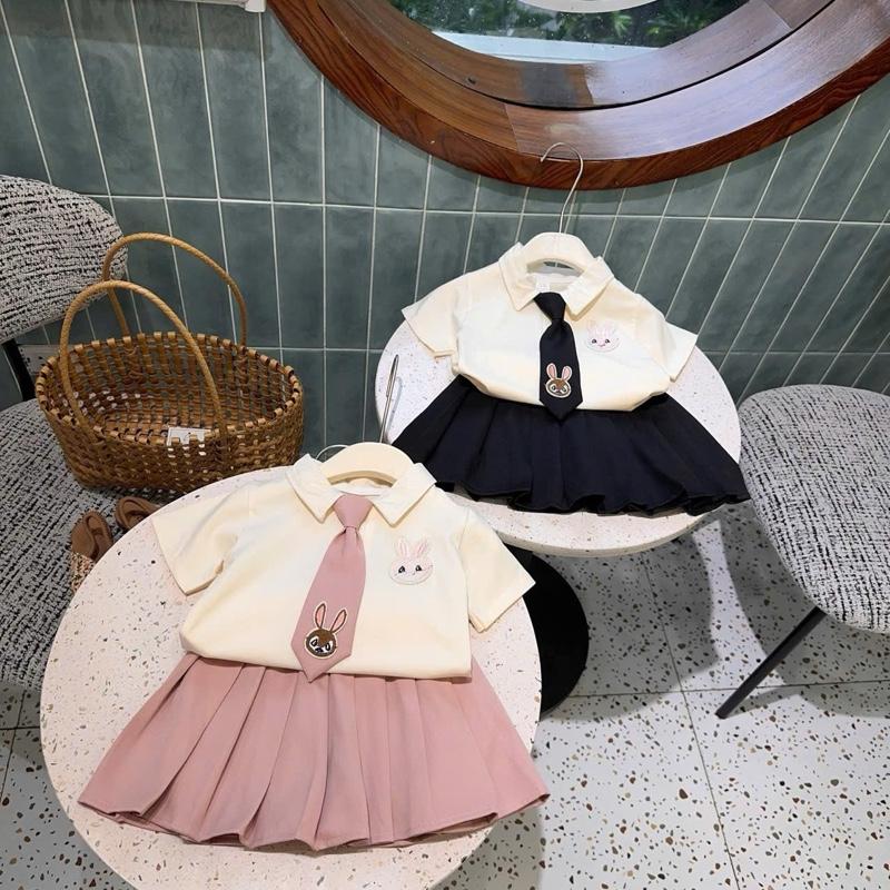 (11-30kg) Sét áo cotton thêu thỏ kèm cà vạt + chân váy 2 màu cho bé gái