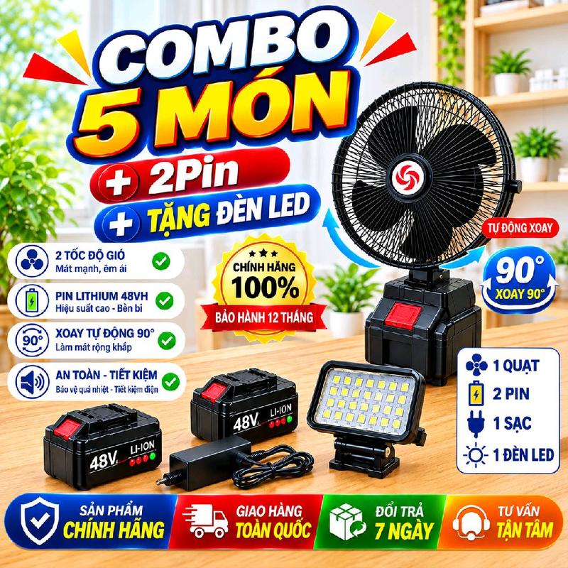 COMBO 5 MÓN QUẠT XOAY + 2 PIN 10 CELL+ SẠC+QUÀ TẶNG ĐÈN 35 BÓNG-QUẠT TÍCH ĐIỆN,SỬ DỤNG CHÂN PIN PHỔ THÔNG,CÓ 2 CẤP ĐỘ GIÓ,BẢO HÀNH 12 THÁNG
