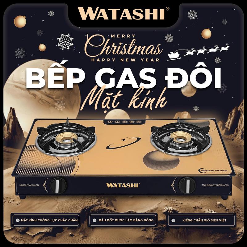 BẾP GAS ĐÔI MẶT KÍNH WATASHI WA - 1368SN MÀU SA MẠC TIẾT KỆM GAS TỚI 30% KIỀNG CHẮN GIÓ SIÊU VIỆT
