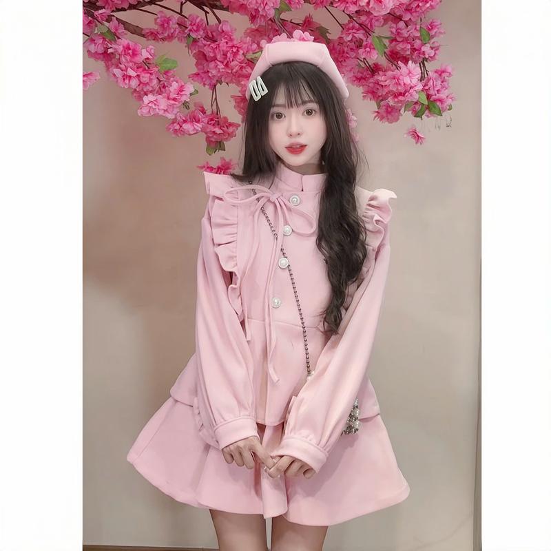 SET 3 CHI TIẾT KÈM MŨ Set Dạ Kiểu Nữ S227 Chất Dạ Ép Lông Cừu Kèm Chân Váy Họa Tiết Cổ Nơ Tiểu Thư Dày Dặn Ấm Áp Thu Đông Hàn Quốc Kozoda