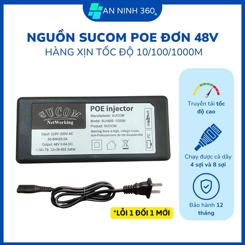 Nguồn POE 48V 0.5A SUCOM dùng cho Camera POE, WiFi AP, cấp điện ...